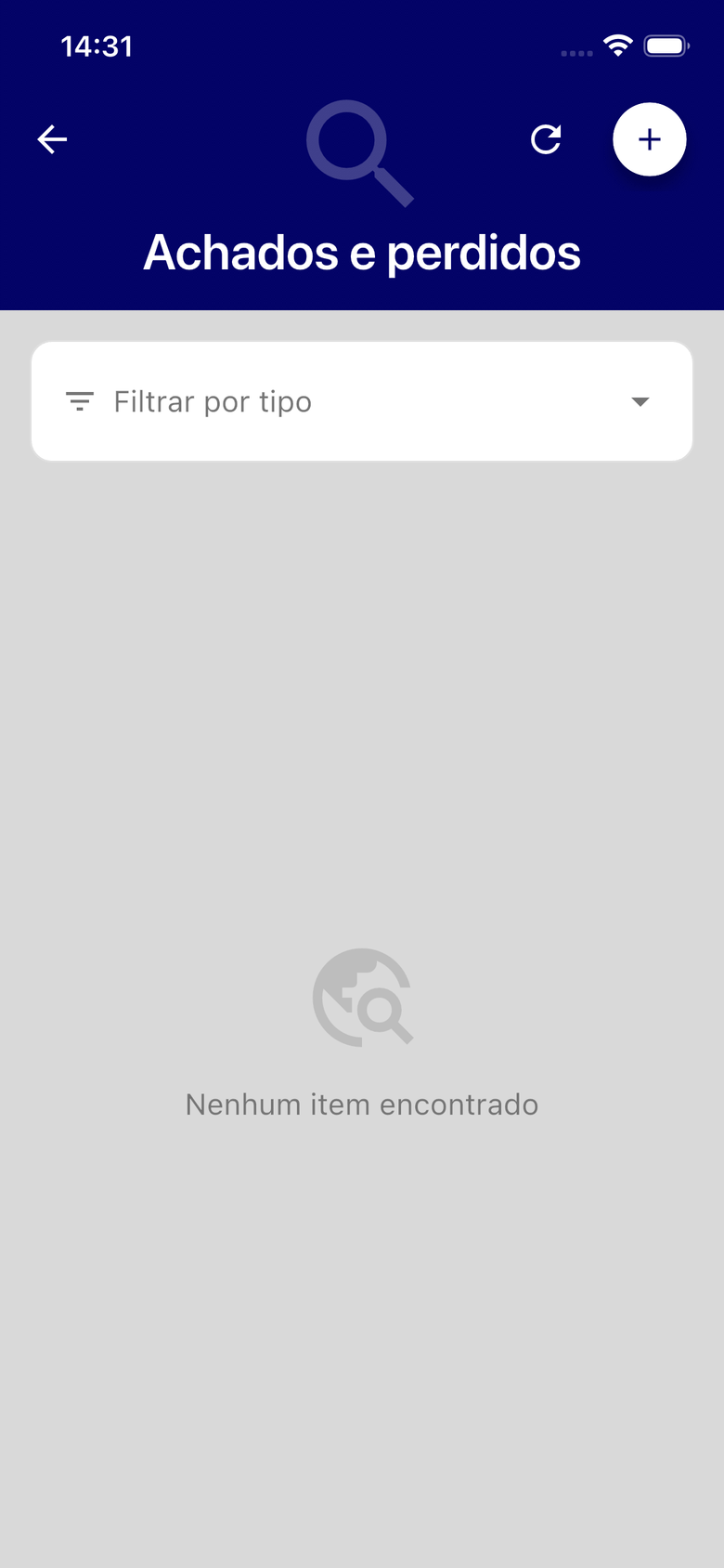 Achados e perdidos vazio, com o filtro por tipo e o botão de novo registro