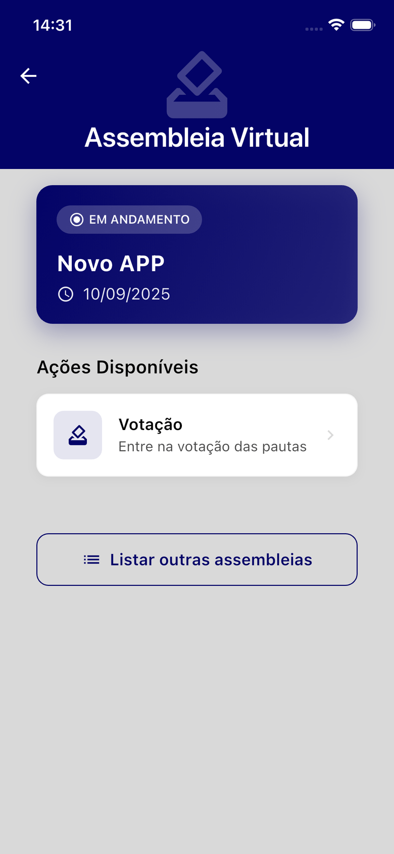 Assembleia em andamento, com a ação de votação e o atalho para listar outras assembleias
