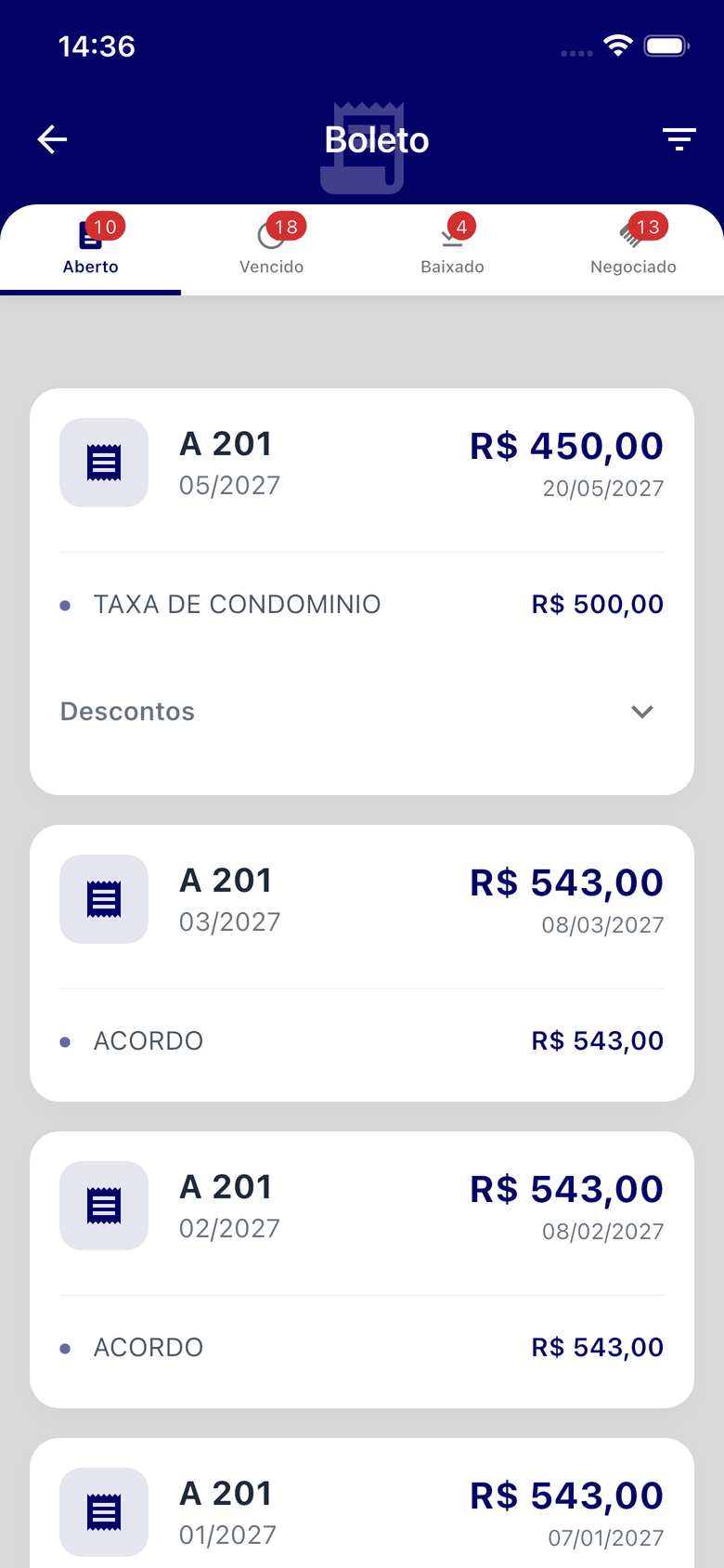 Lista de boletos do app, com as abas Aberto, Vencido, Baixado e Negociado