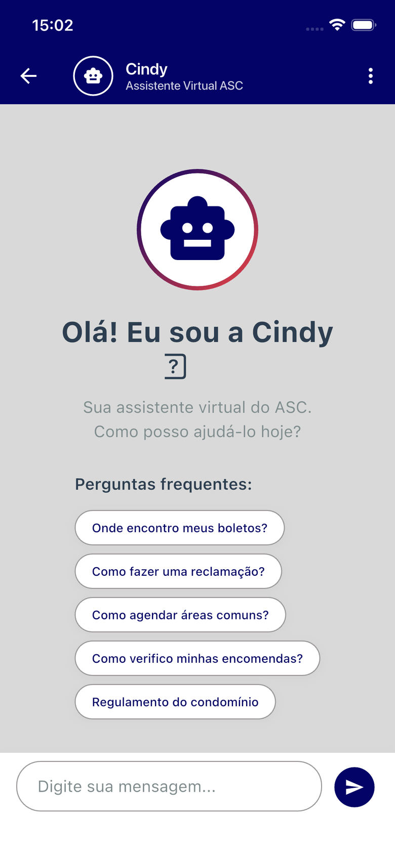 Cindy, a assistente virtual, com perguntas frequentes sugeridas