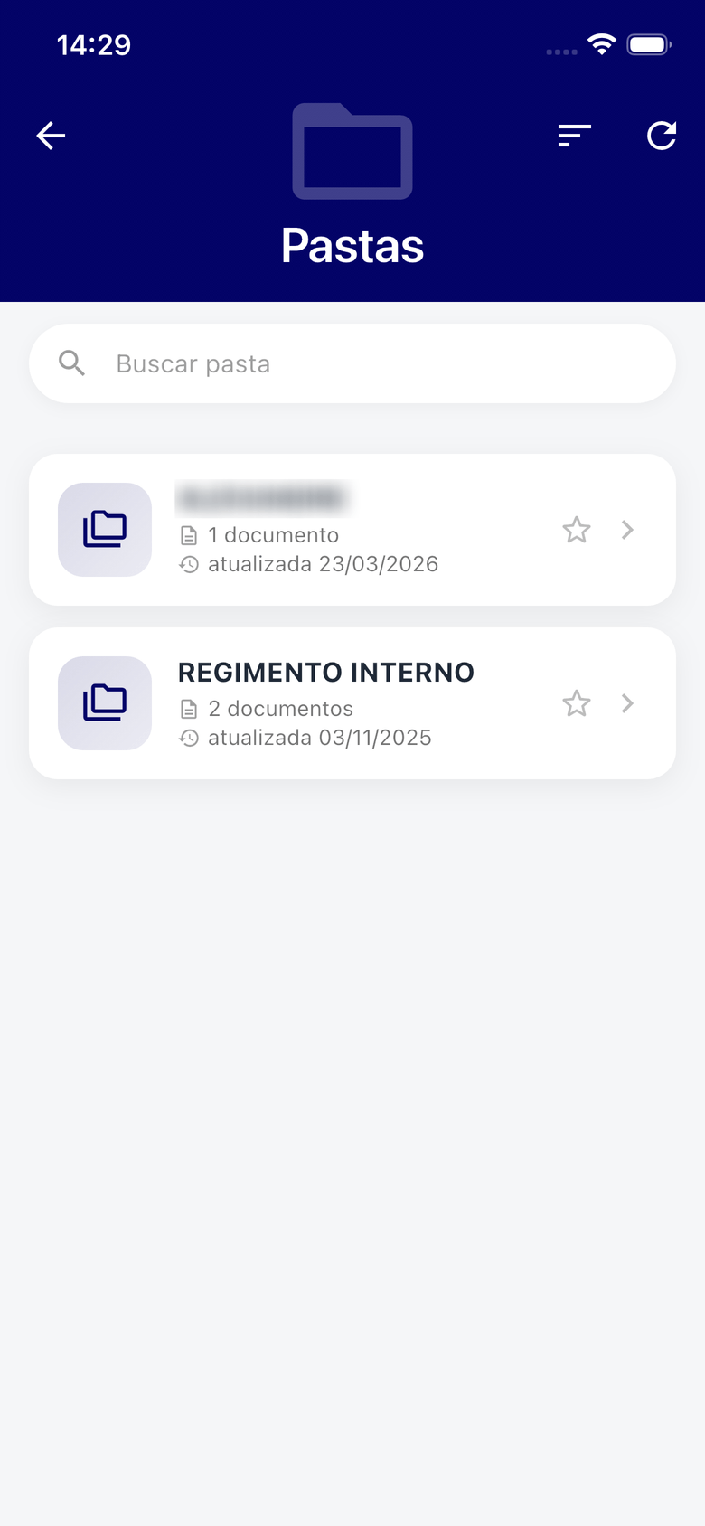 Tela de Pastas, com a busca por pasta e a contagem de documentos em cada uma