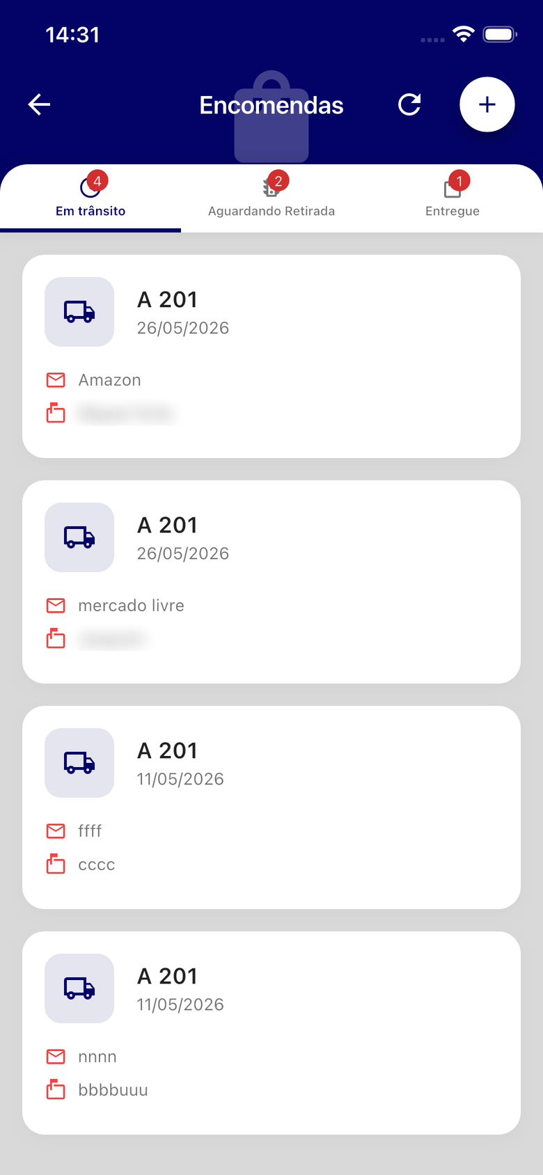 Encomendas em três abas, com unidade, data, remetente e destinatário em cada item