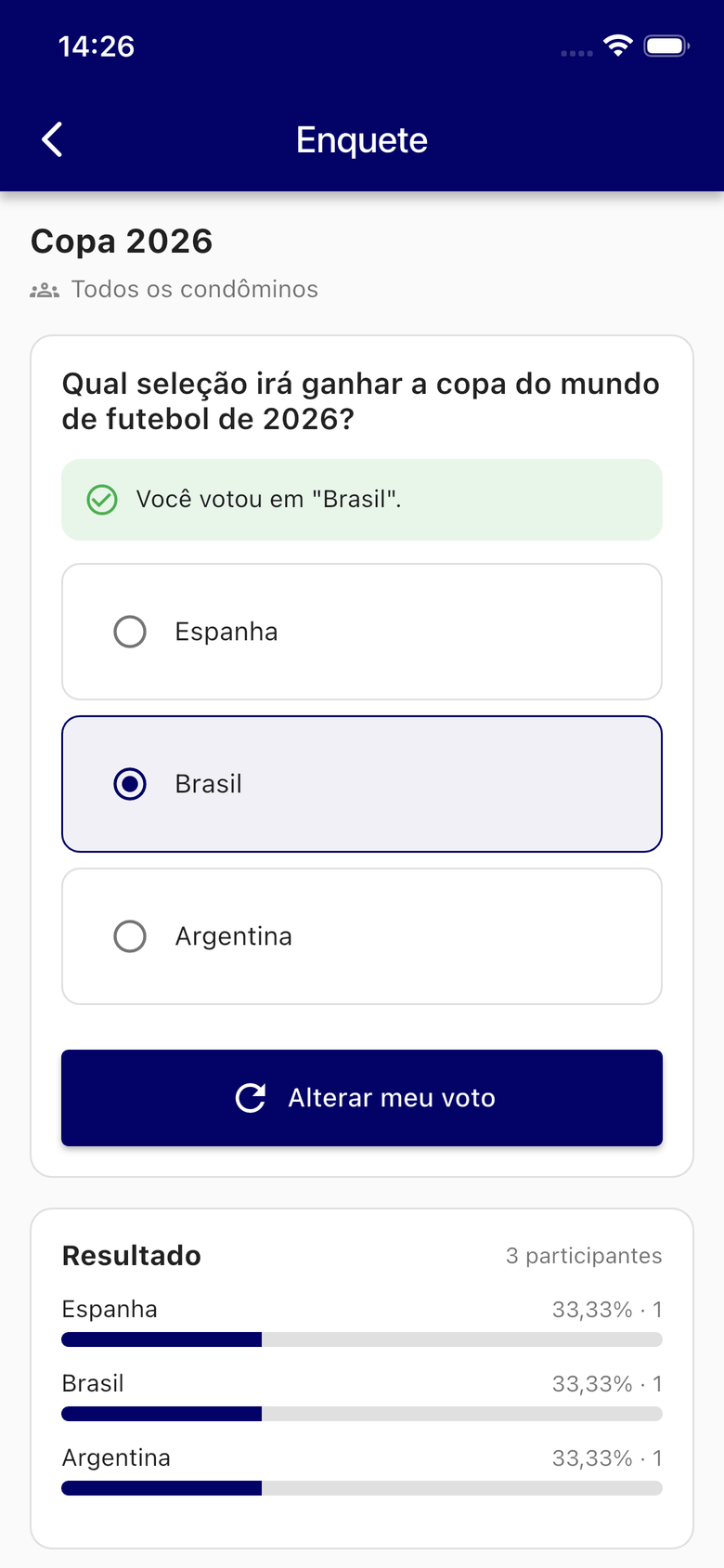 Enquete aberta com o voto registrado, o botão de alterar voto e o resultado parcial