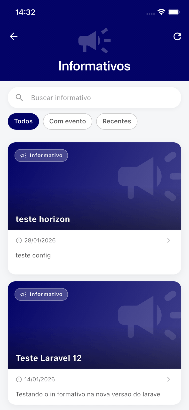 Lista de informativos, com a busca e os filtros Todos, Com evento e Recentes