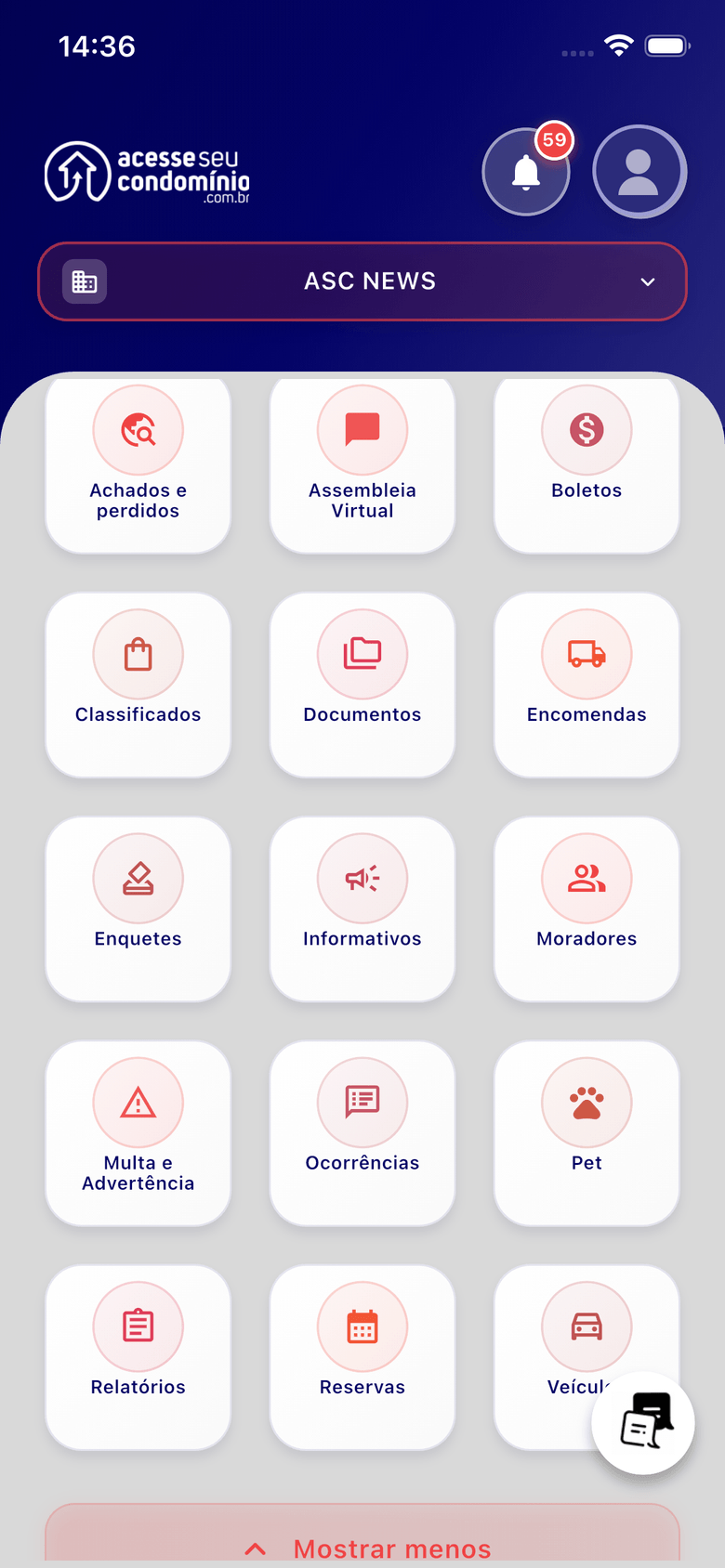 Grade de módulos do app do morador, com o seletor de condomínio no topo