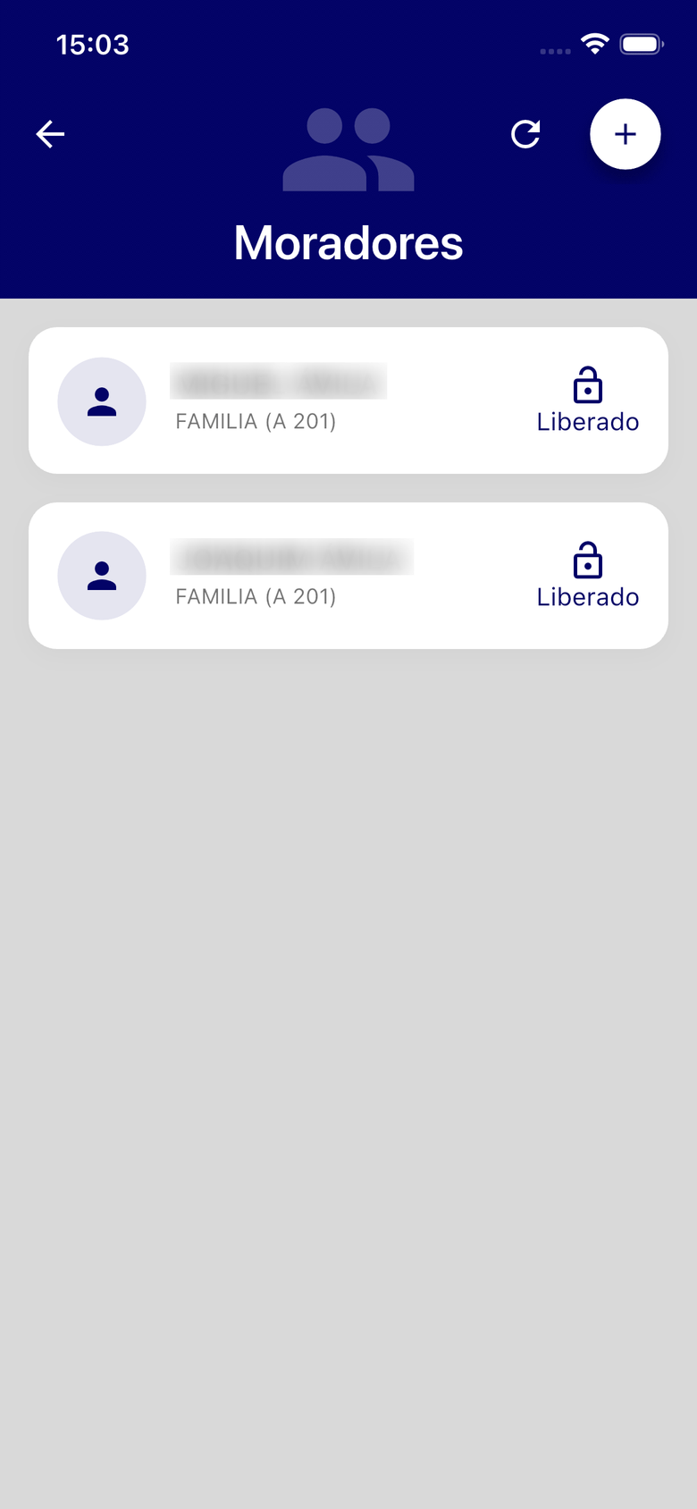 Lista de moradores da unidade, com o estado de acesso Liberado em cada um