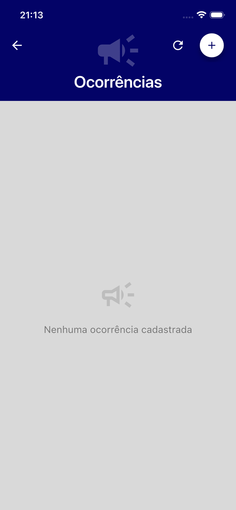 Lista de ocorrências do app, vazia, com o botão de nova ocorrência no topo