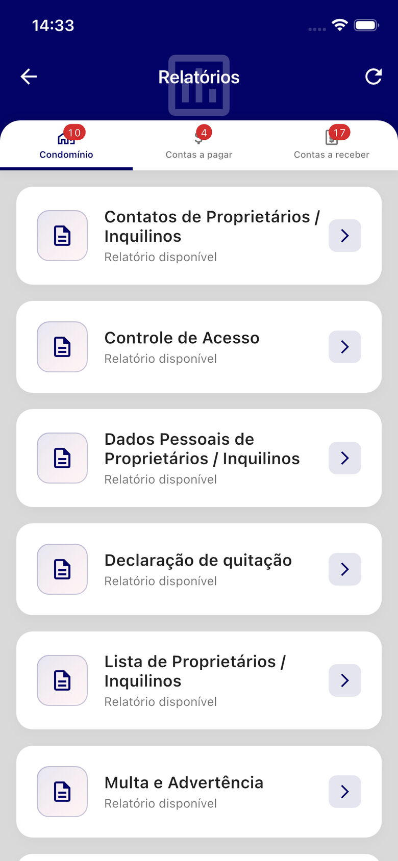 Relatórios em três abas — Condomínio, Contas a pagar e Contas a receber