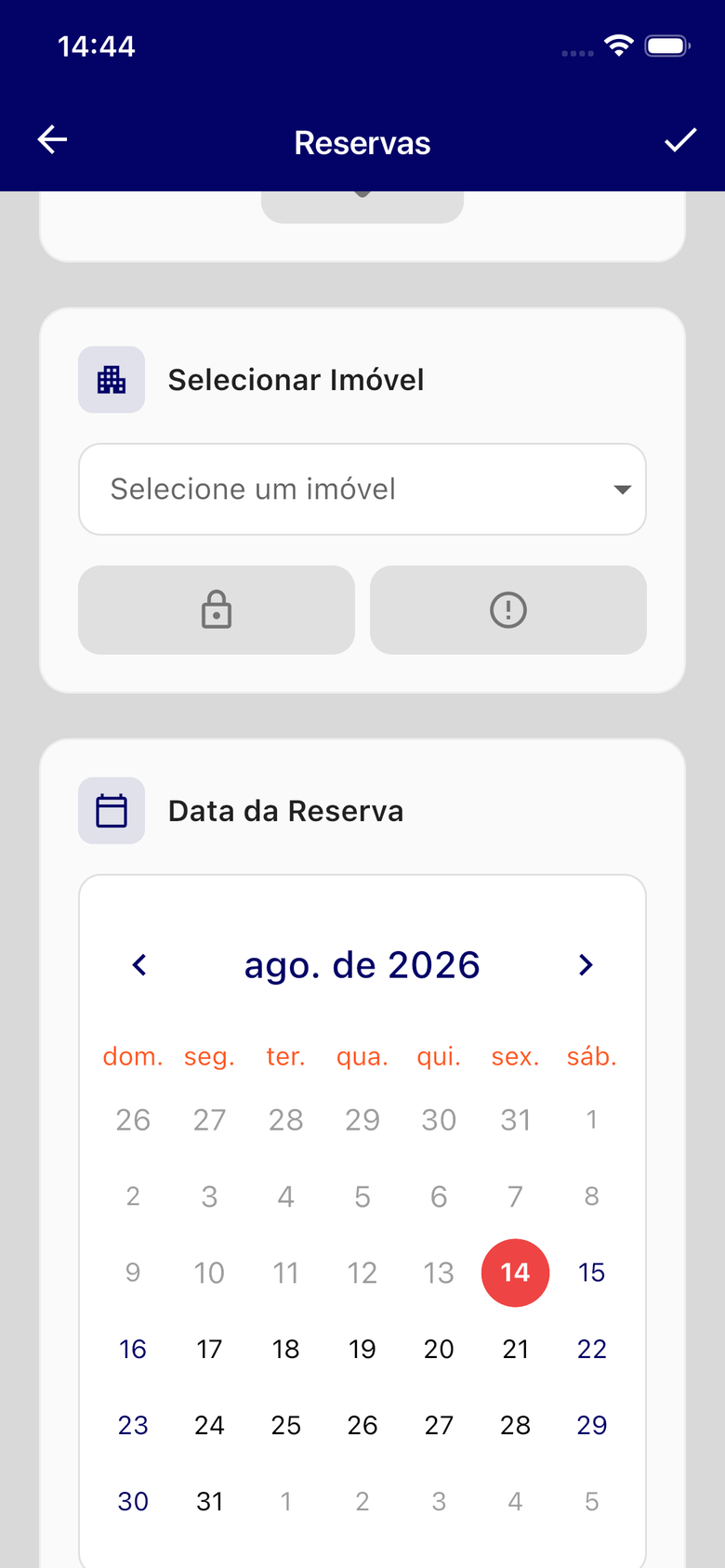 Formulário de reserva, com seleção de imóvel e calendário da data