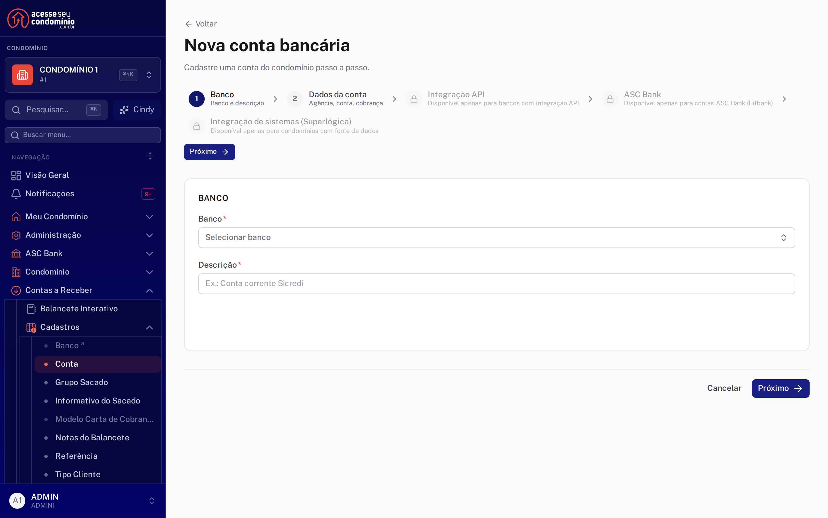 Assistente de cadastro com as etapas condicionais à vista