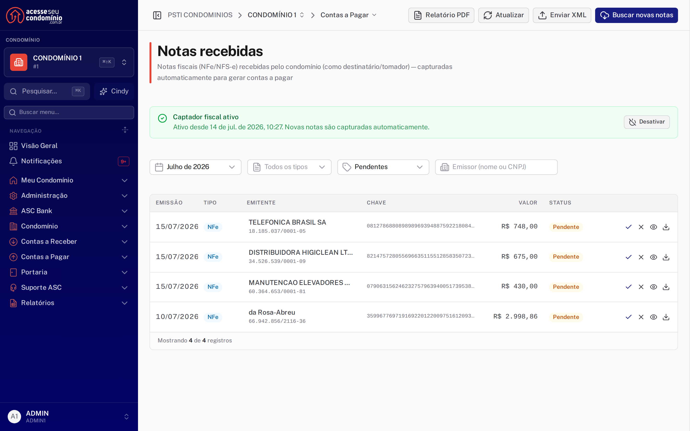 Lista de notas recebidas, com emitente, chave, valor e situação de cada uma