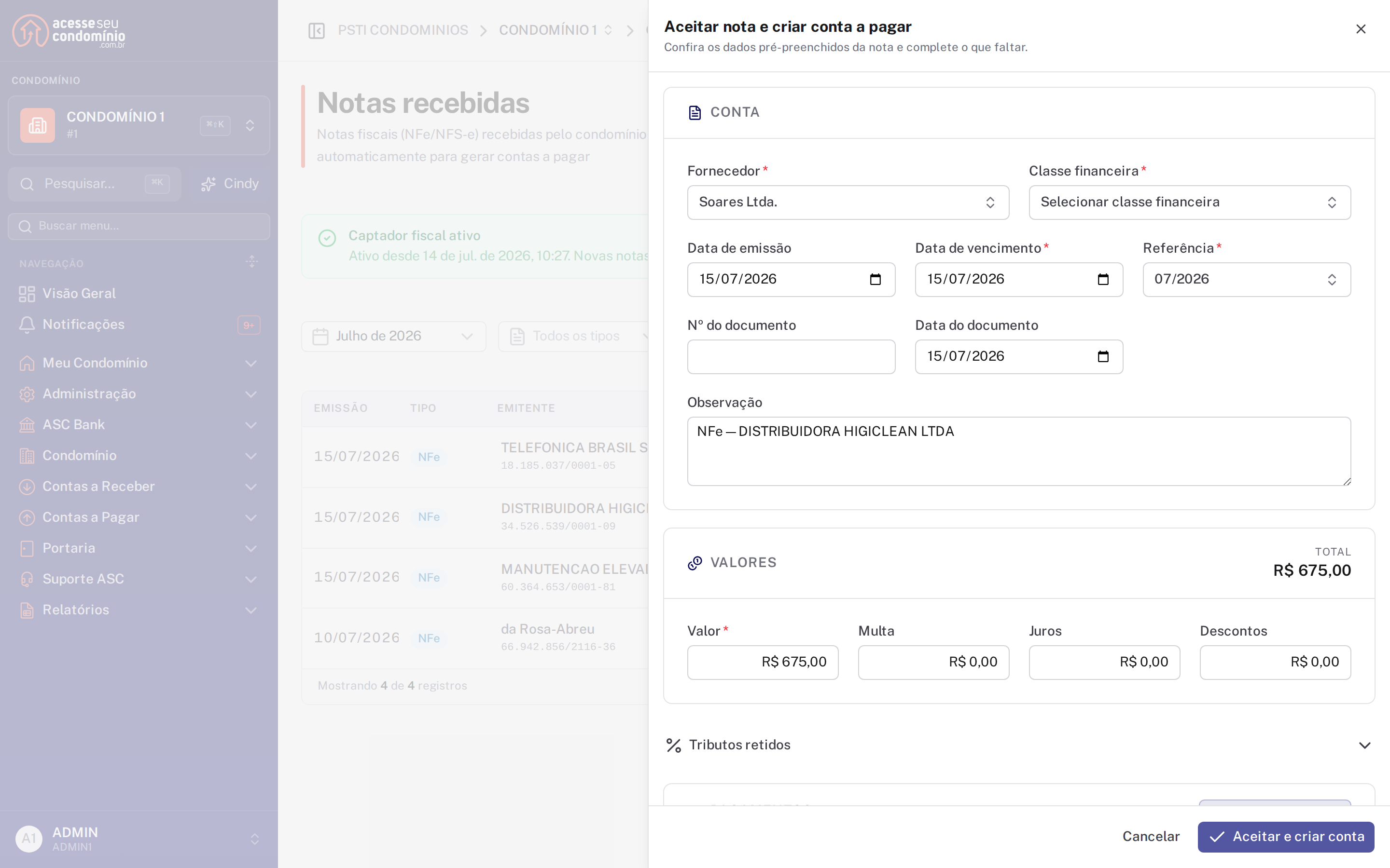 Formulário de aceite com fornecedor, datas, referência e valores já preenchidos a partir da nota
