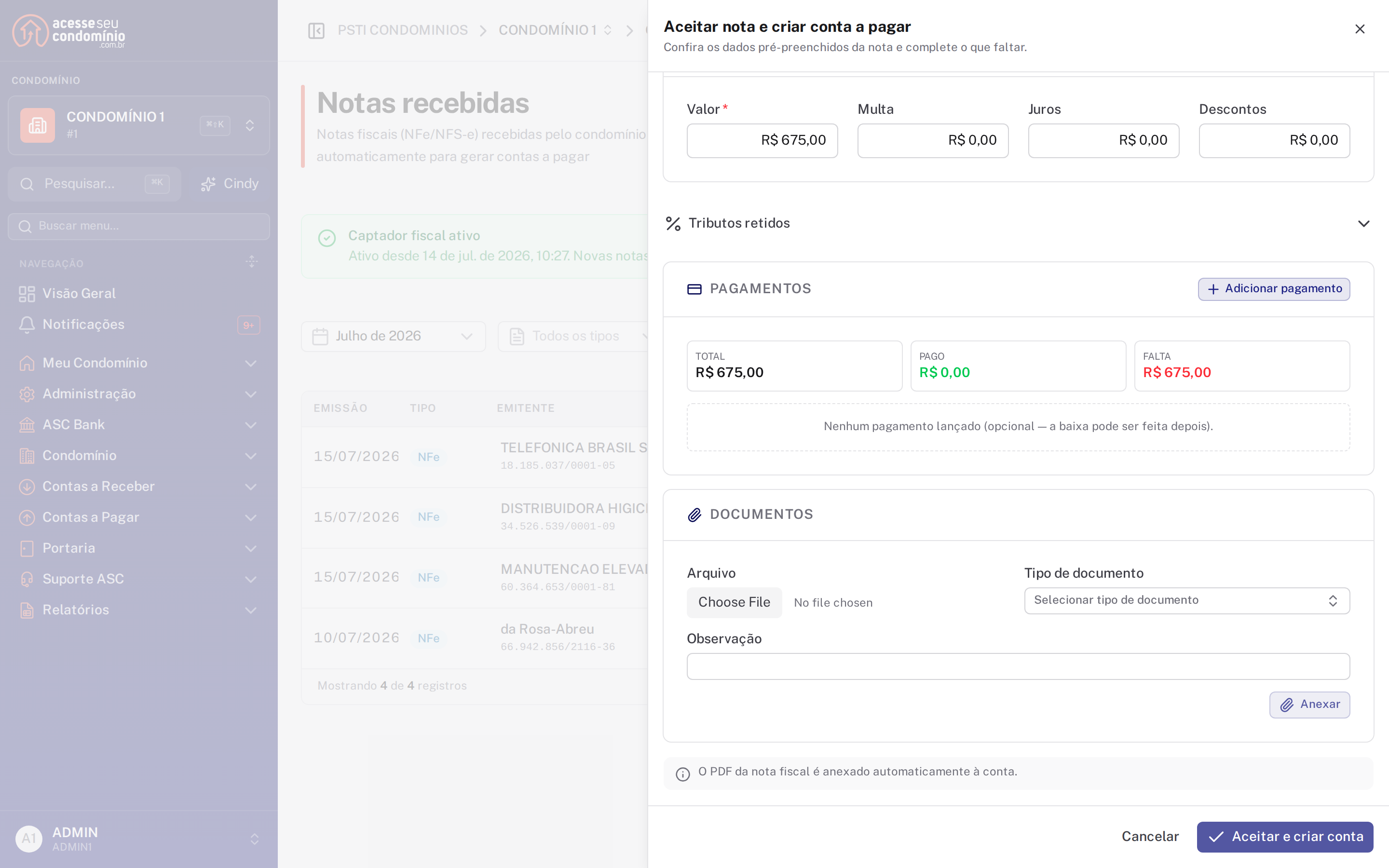 Seção de documentos do aceite, informando que o PDF da nota fiscal é anexado automaticamente à conta