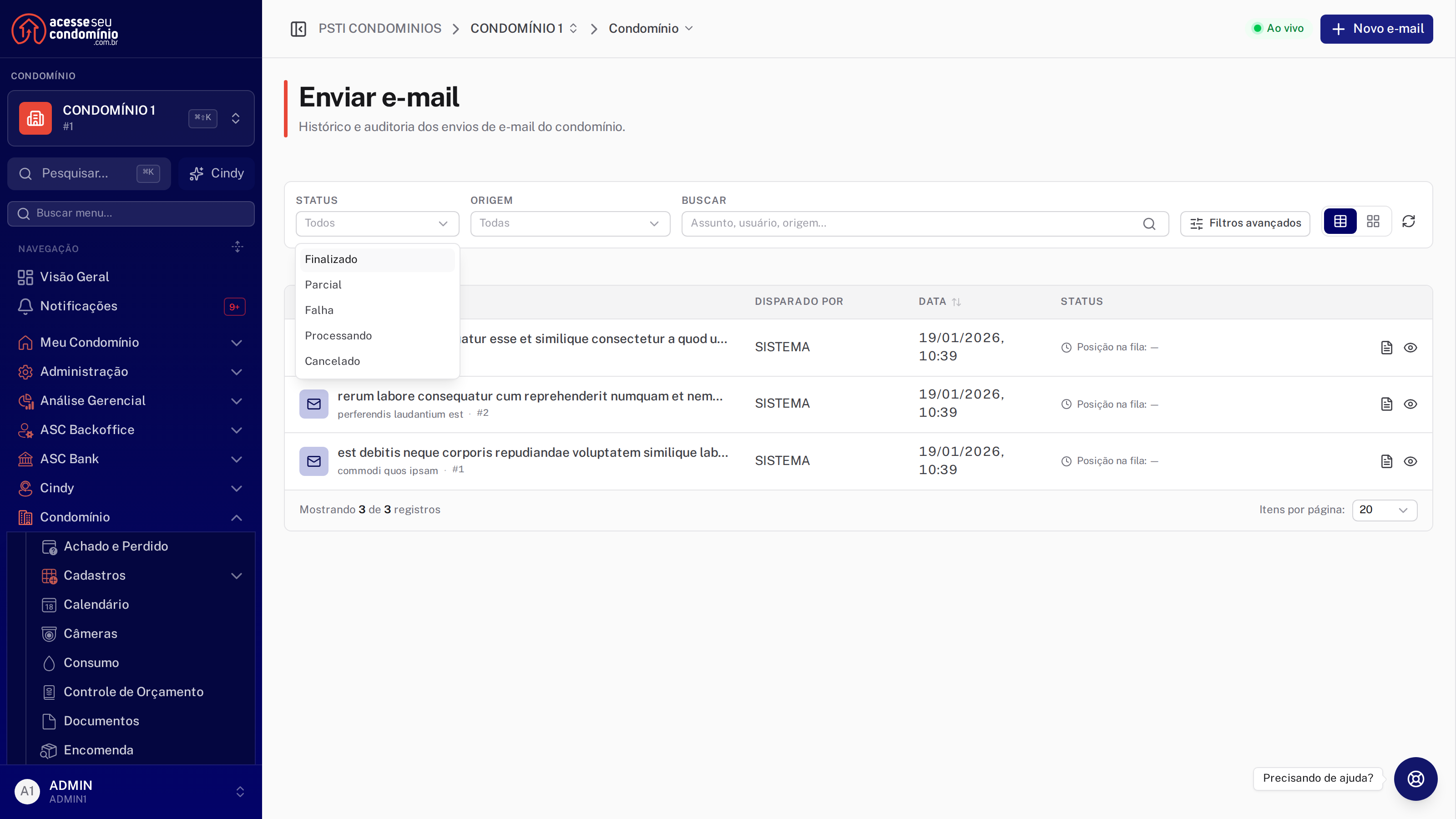 Filtro por status na listagem de envios