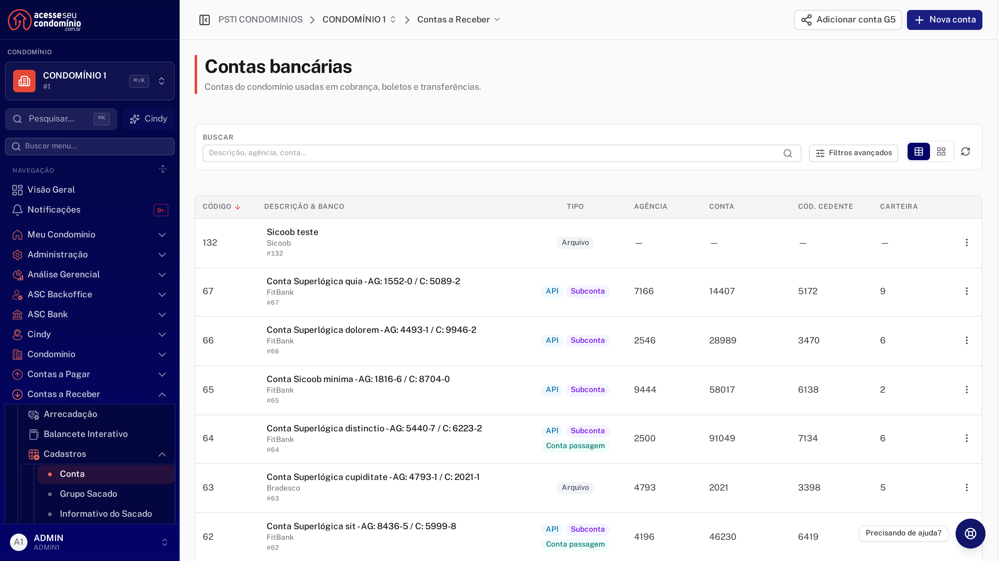 Tags de vínculo na listagem de contas bancárias
