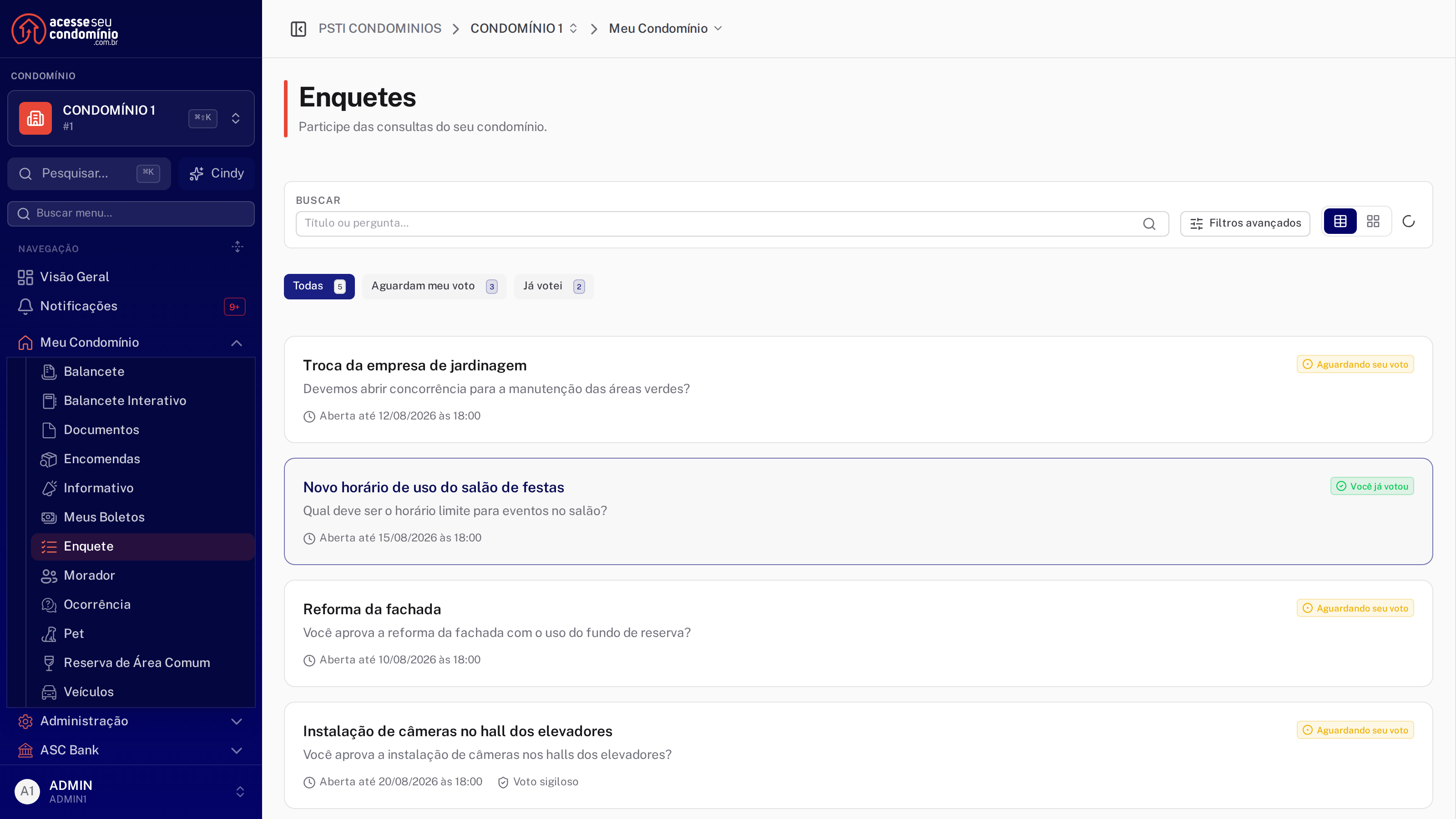Listagem de enquetes do morador com as abas Todas, Aguardam meu voto e Já votei