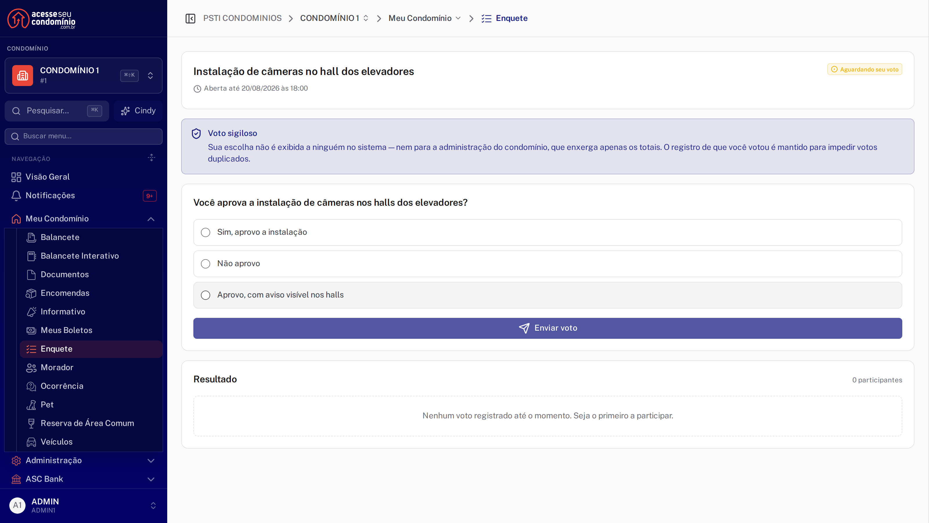 Detalhe de uma enquete sigilosa, com o aviso acima da pergunta