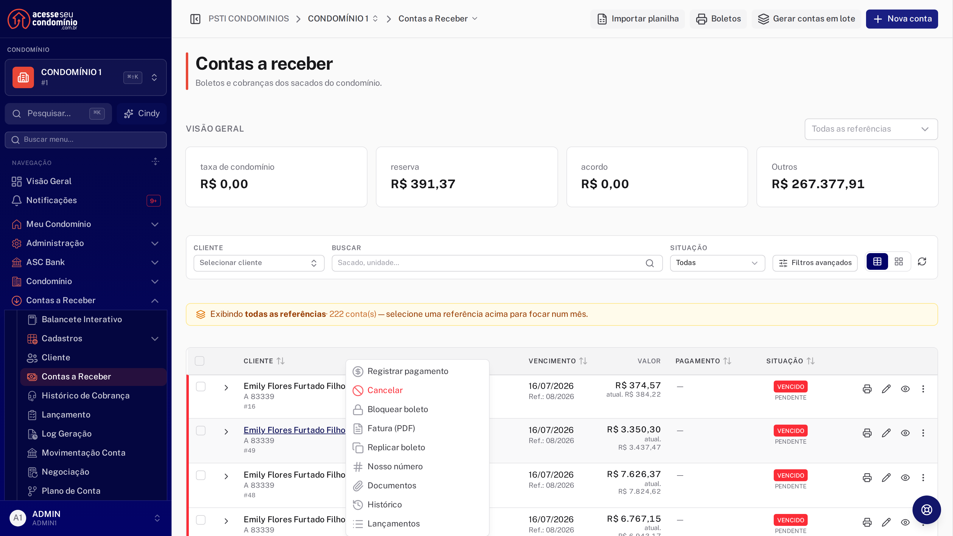 Menu de contexto aberto sobre uma linha de Contas a Receber