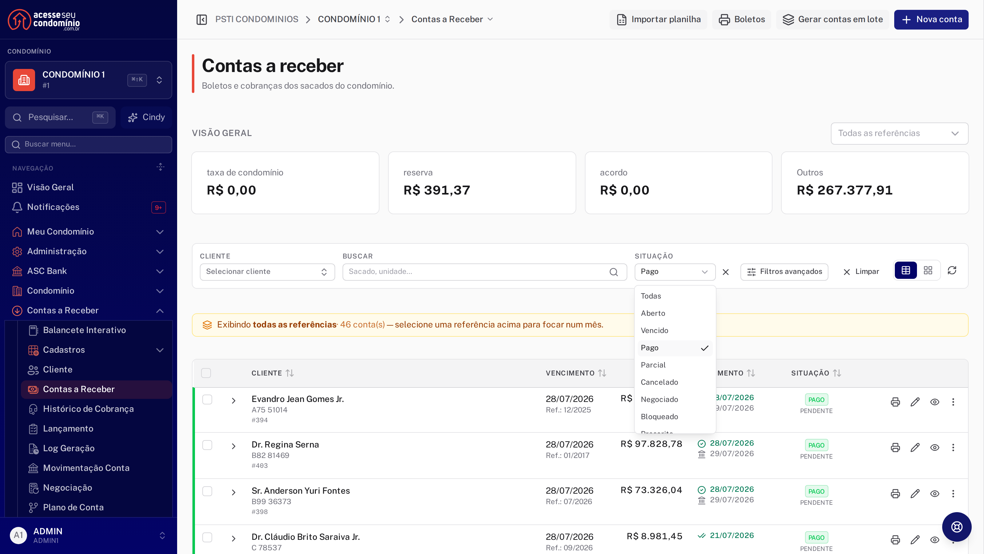 Filtro de situação com a opção "Todas" no topo