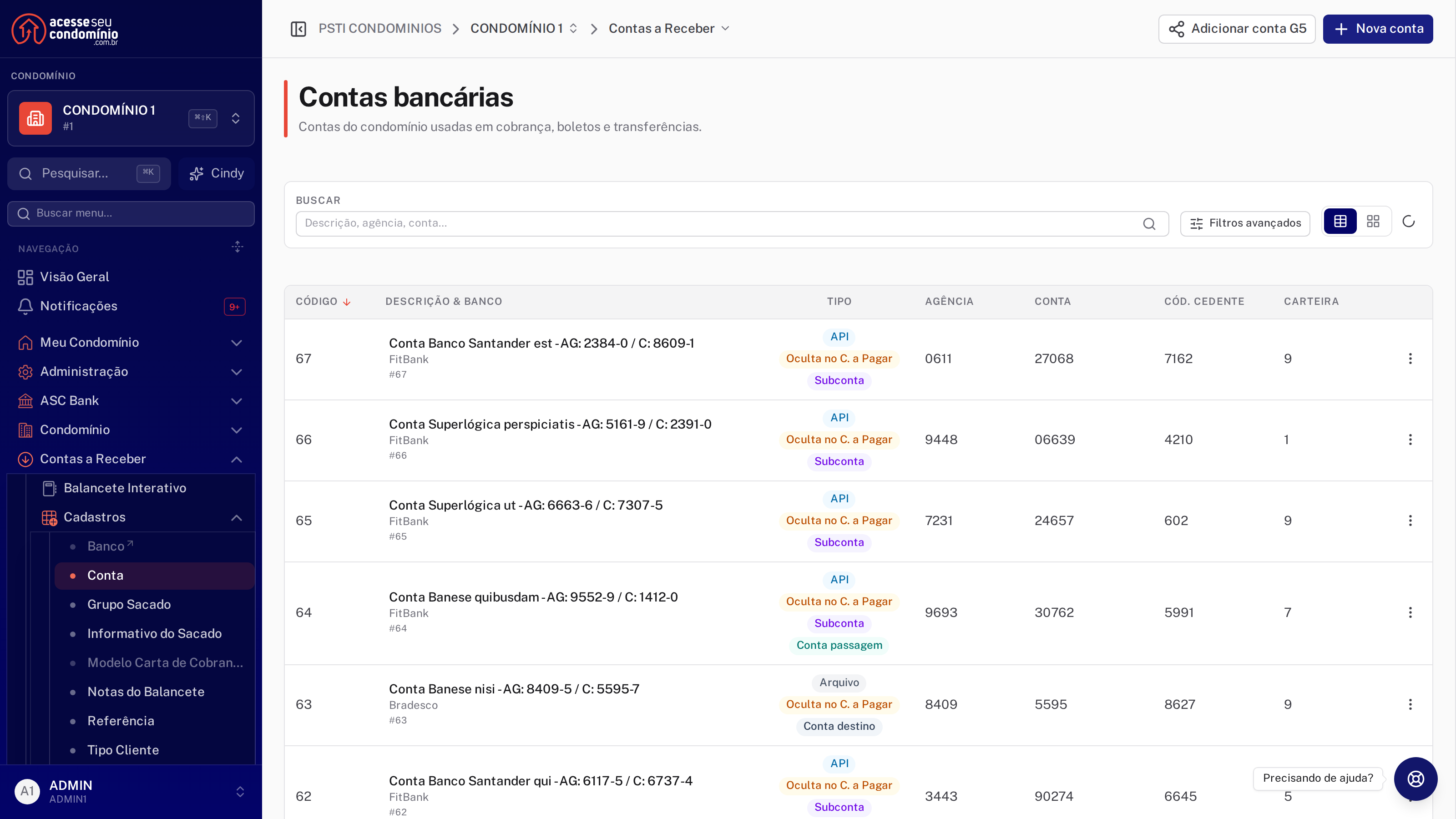 Contas bancárias com a tag de visibilidade no Contas a Pagar